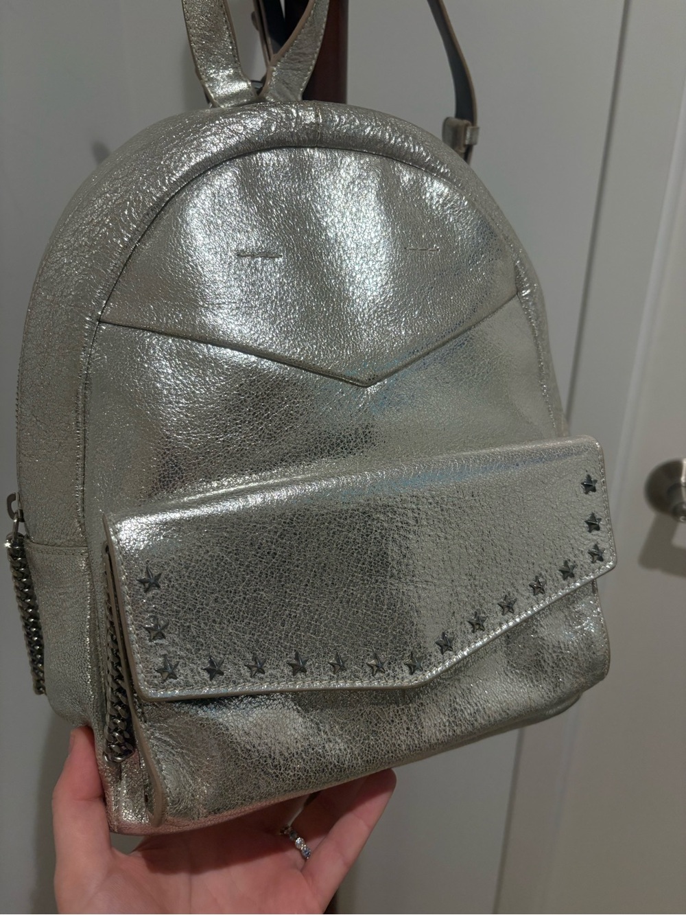 Jimmy Choo Silver Metallic Mini Backpack with Star Studs